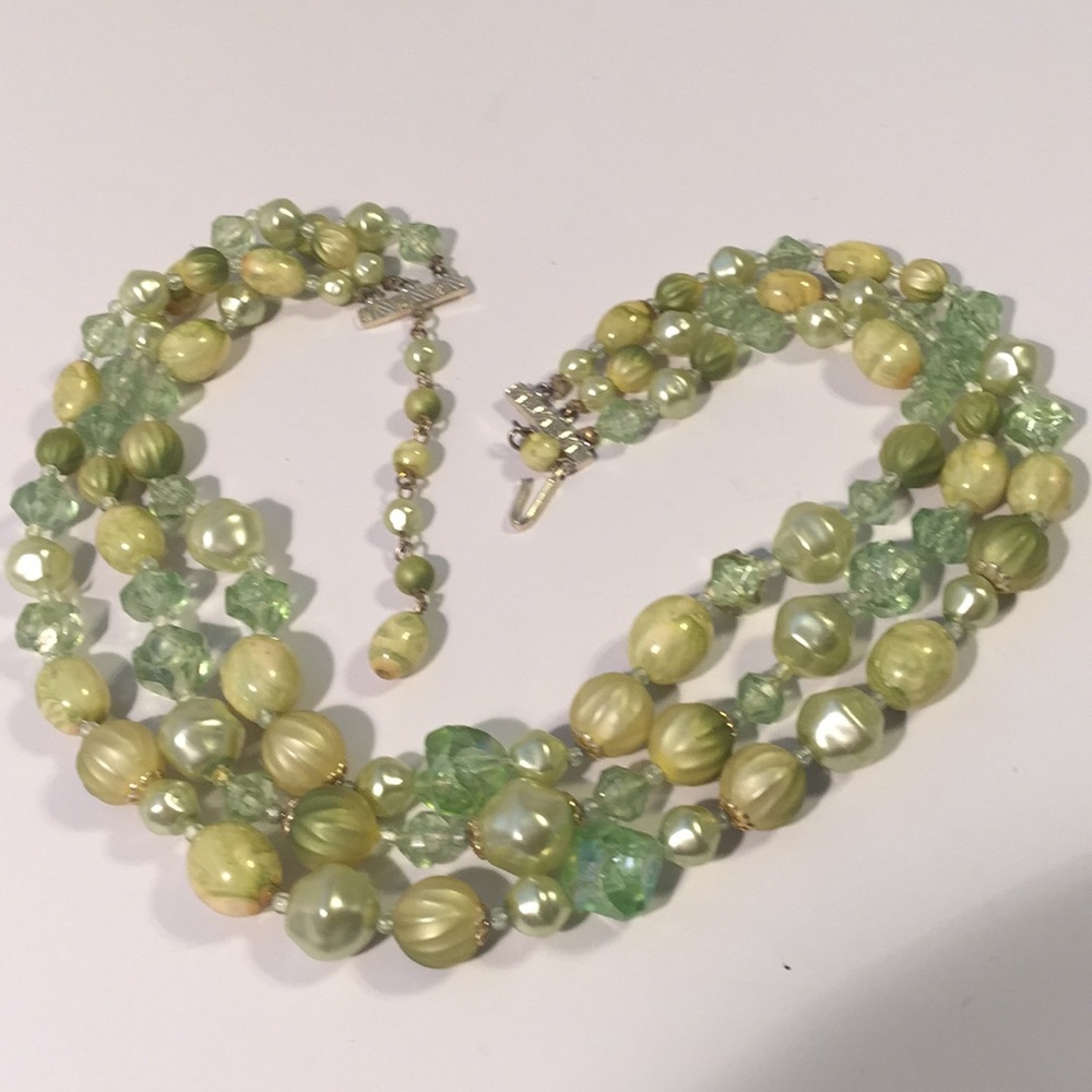 Vintage Hong Kong 3-strand green beaded necklace
